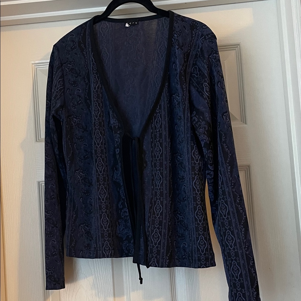 Clear out sale! Ecru Blue and Black Patterned Tie Front